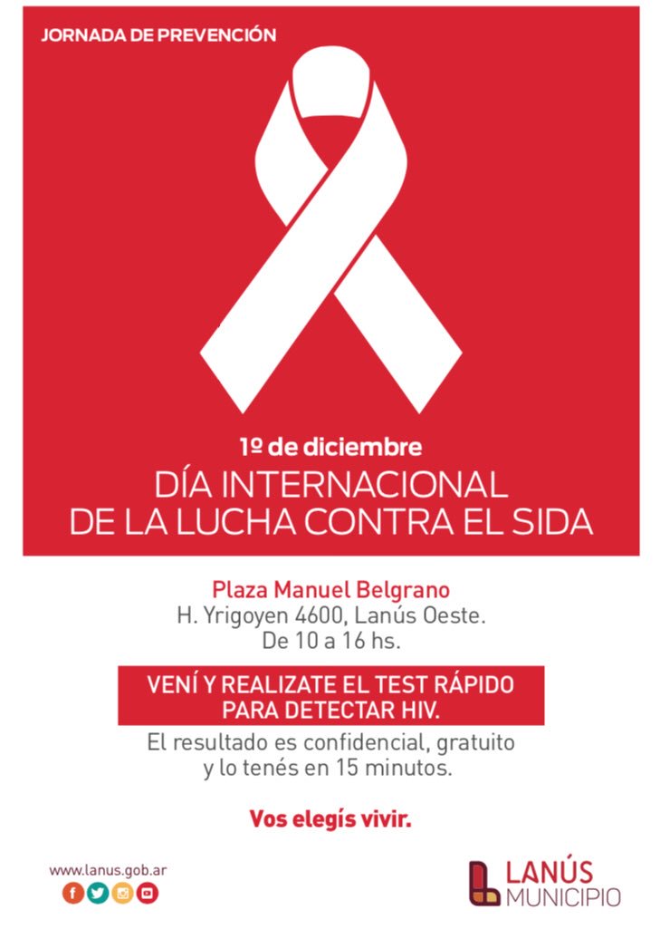 drgustavosieli's tweet photo. [Hoy] por el #DíaMundialdelSida te esperamos en Plaza M. Belgrano de 10 a 16Hs o en los siguientes establecimientos asistenciales:

Unidad S. Lanús Oeste 
9 a 12Hs.
Unidad S. M. Norgreen 
9 a 13Hs.
Unidad S. Nicolas Natiello
13 a 17Hs.
Unidad S. Fco. Masevicius 
8.30 a 11Hs. https://t.co/YJar8KbFoq