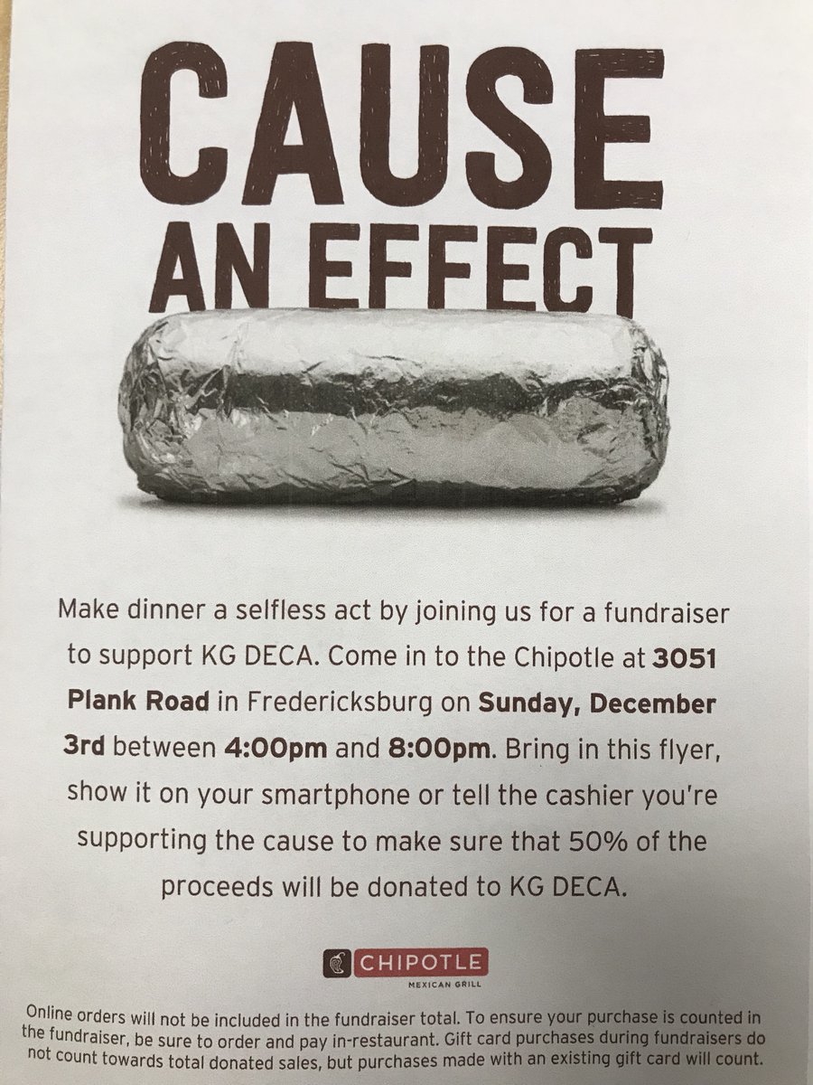 Come support our KG DECA chapter. It’s simple, just go to Chipotle in Central Park between 4-8 this Sunday and say that you are here for KG DECA! Enjoy some good food and support our chapter!