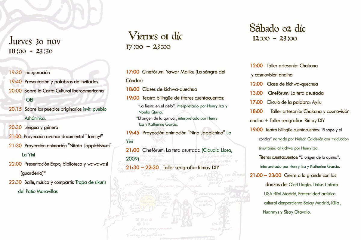 quechuaMAD's tweet photo. Primer día todo un éxito!Gracias a los que nos acompañasteis e hicisteis del día una bonita experiencia para compartir el #quechua y su #cultura ancestral.
Hoy y mañana seguiremos en @evArganzuela  con actividades nuevas, talleres y guardería para los peques.
JAMUY!
#madrid #ocio https://t.co/VZbvY68cKH