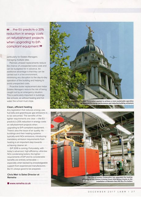 RemehaUK's tweet photo. #EstatesManagers! Are you ready for ErP 2018? Our man Chris Meir looks at the impact of the legislation on #boiler replacements on pg 25 of this month's @LABMmag - out now! https://t.co/2PSUwSFRnf