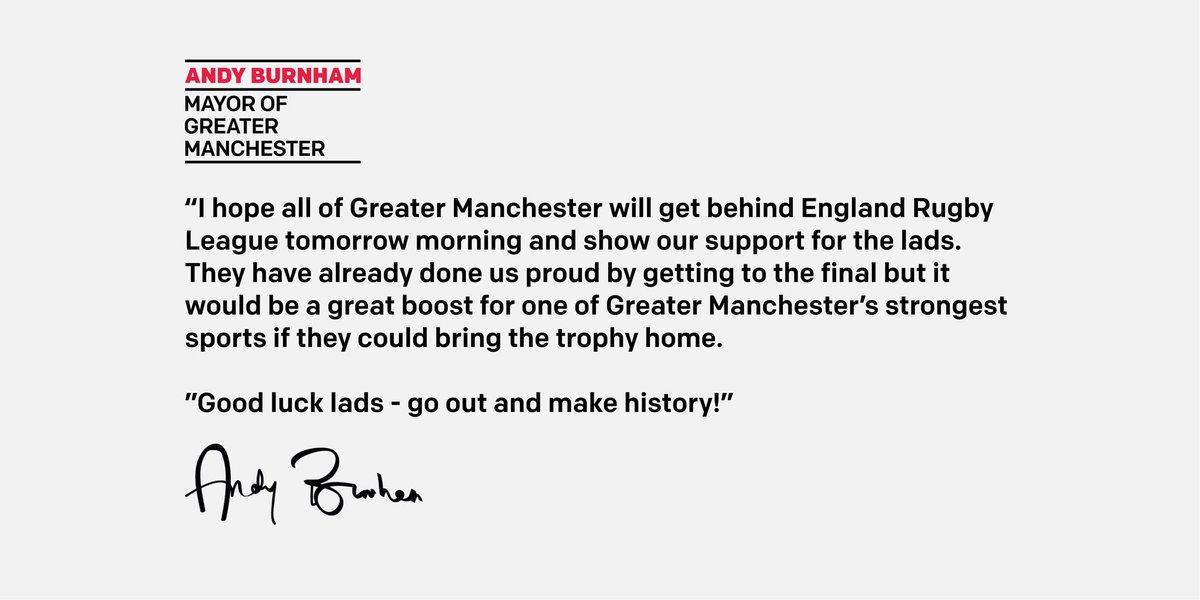 Good luck to <a href="/England_RL/">England Rugby League</a> who take on Australia in the Rugby League World Cup final tomorrow morning. #BringItHome 🏴󠁧󠁢󠁥󠁮󠁧󠁿