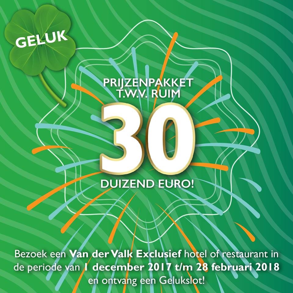 Beproef uw geluk bij <a href="/ValkExclusief/">ValkExclusief</a>. Bezoek tussen 1 december 2017 en 28 februari 2018 een Valk Exclusief hotel of restaurant en ontvang een Gelukslot! Bekijk de actie en prijzen op: valkvoordeel.nl/gelukslot