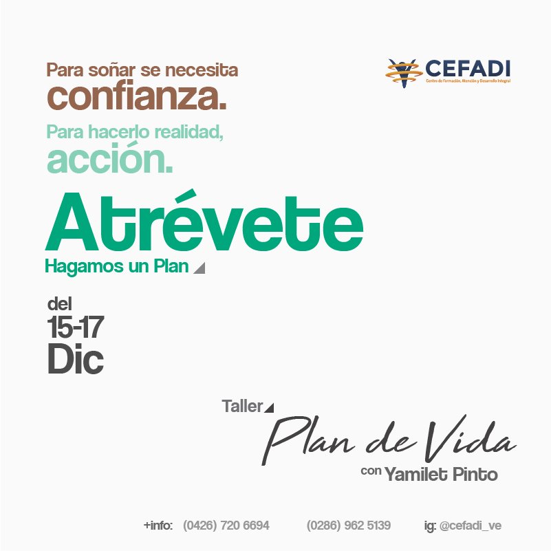 Cefadi_ve's tweet photo. Se viene nueva edición del taller Plan de Vida con @yamiletpinto #HagamosUnPlan #PlanDeVida https://t.co/4CSOfhyxy6