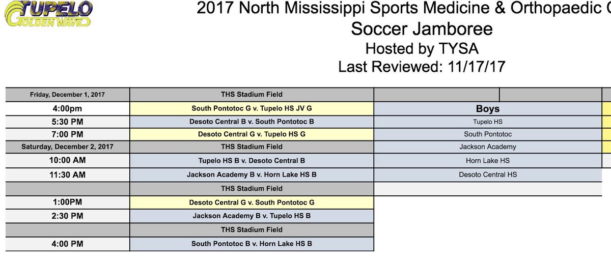 Today is GAMEDAY! After a long break, @Tupelo_Soccer (1-0) returns tonight at Renasant Field! Boys play at 5 vs Desoto Central (2-2-1) in the North Mississippi Sports Medicine &amp; Orthopedics Soccer Jamboree! Full weekend schedule below. See you there! #ThemBlankets ⚽️ 🥅