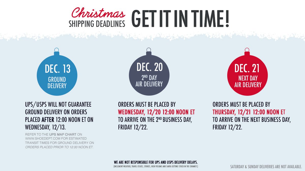 SHOEDEPT's tweet photo. ❗Make sure you receive your packages on time! Please take note of the following dates. #ShippingDeadlines #ChristmasDelivery #GetItInTime #HolidayShipping https://t.co/L3VfliXQbs