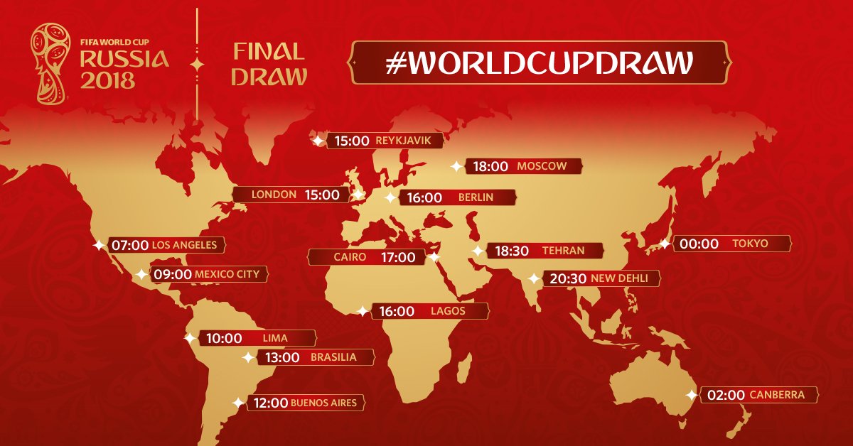 FIFAWorldCup's tweet photo. 🇷🇺 90 MINUTES TO GO!

Where in the world will you be watching the #WorldCupDraw later? https://t.co/YJlH68xfqZ