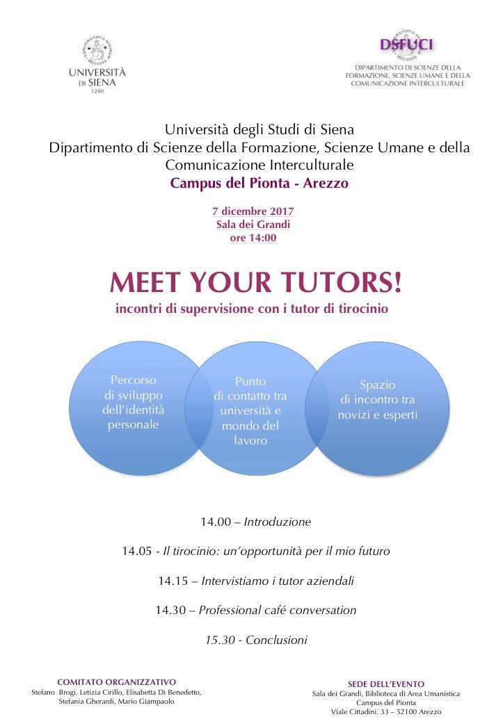 DSFUCI's tweet photo. Meet your tutors ❗️- Incontri di supervisione con i tutor di tirocinio. Giovedì 07/12 
#dsfuci #unisi #university #tirocinio https://t.co/Tfuhkumy66