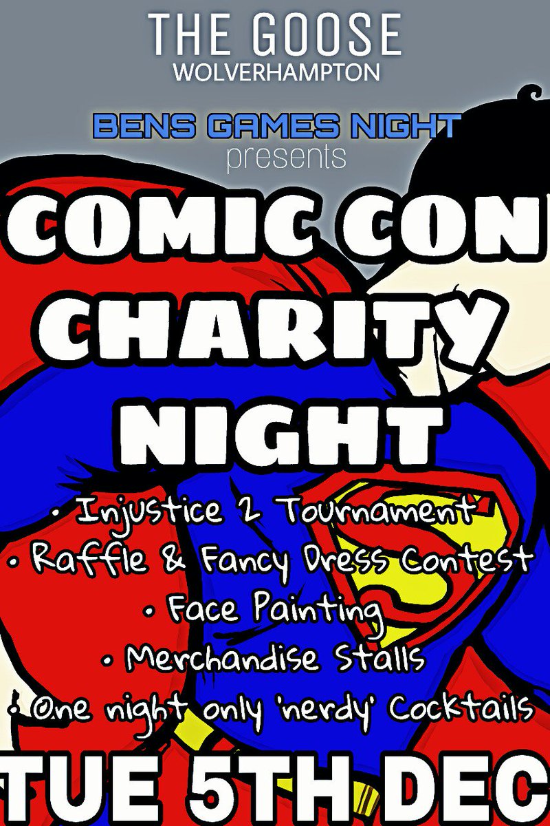 COMIC COM CHARITY NIGHT! 
This coming Tuesday Bens games night goes comic con crazy! So get your beat cosplay on and head down to the goose Tuesday 5th Dec for a games night to remember 🕹🎮🍹
#thegoose #bensgamesnight #ComicConNight
