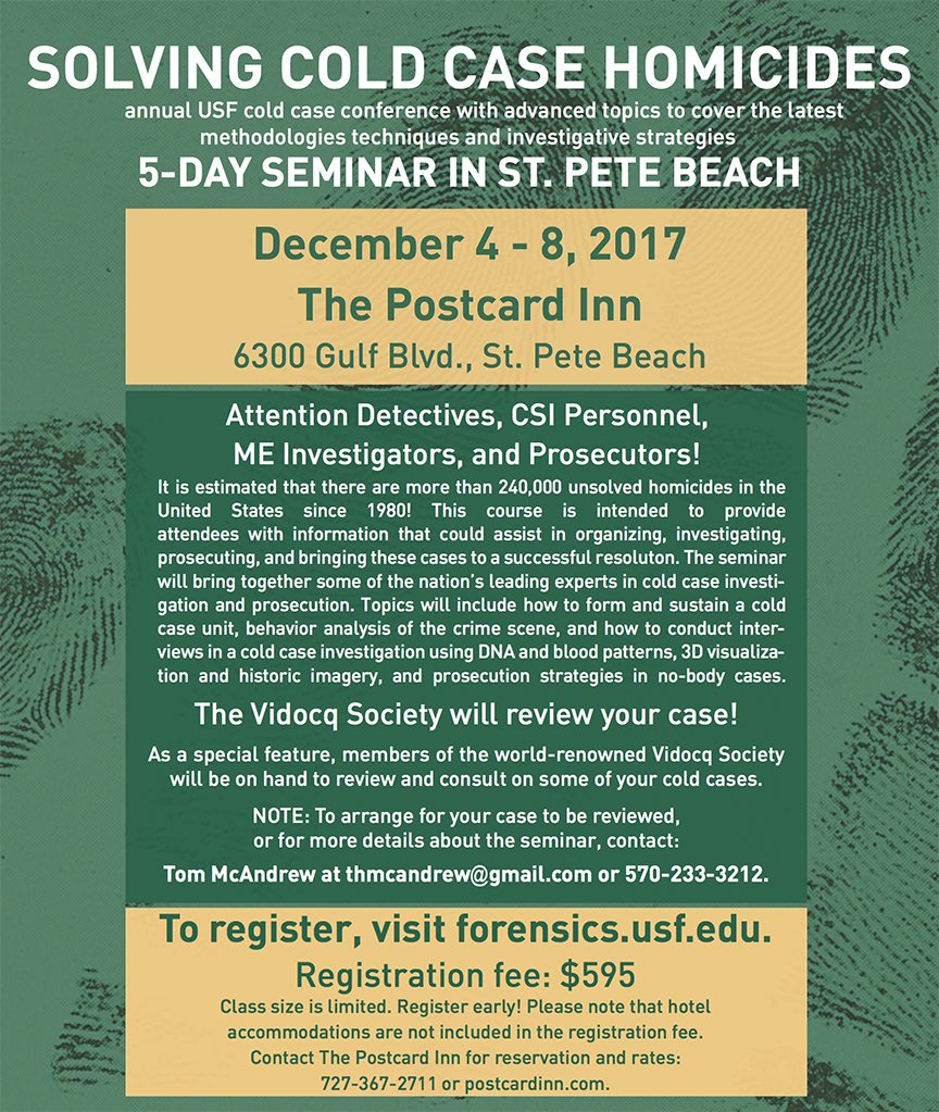 projectcoldcase's tweet photo. PCC founder to present at next week's Cold Case seminar. #coldcase #projectcoldcase #USF #Vidocq https://t.co/m8Q4g2YHPj