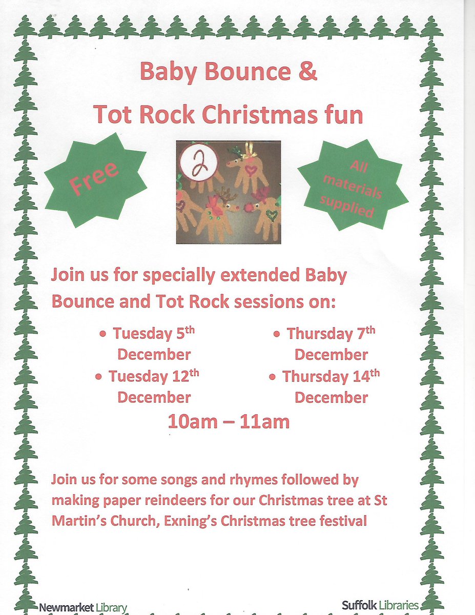 Don't forget our extended #Bookstart sessions begin this Tuesday with #babybounce. Making #Christmasdecorations for our tree at the Christmas tree festival in Exning. <a href="/nmktparents/">Newmarket baby & children listings</a> <a href="/LoveNewmarket/">Love Newmarket</a> @SuffolkLibrary <a href="/GuineasShopping/">The Guineas Shopping</a> <a href="/Booktrust/">BookTrust</a>