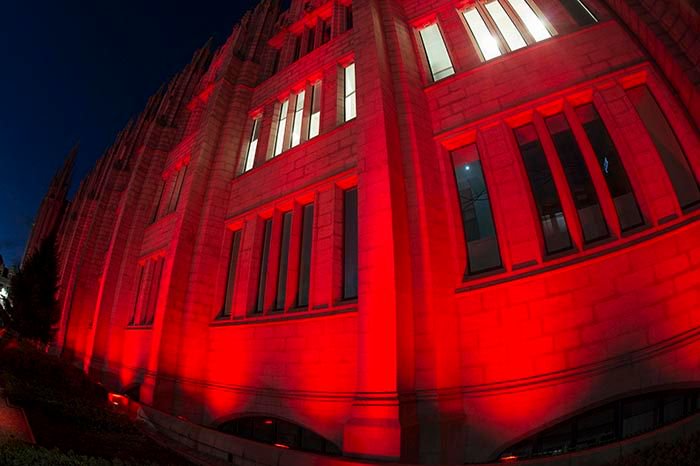 AberdeenCC's tweet photo. Aberdeen City Council is supporting World Aids Day. Marischal College will be lit red tonight to mark the date. https://t.co/jxJROOERJQ