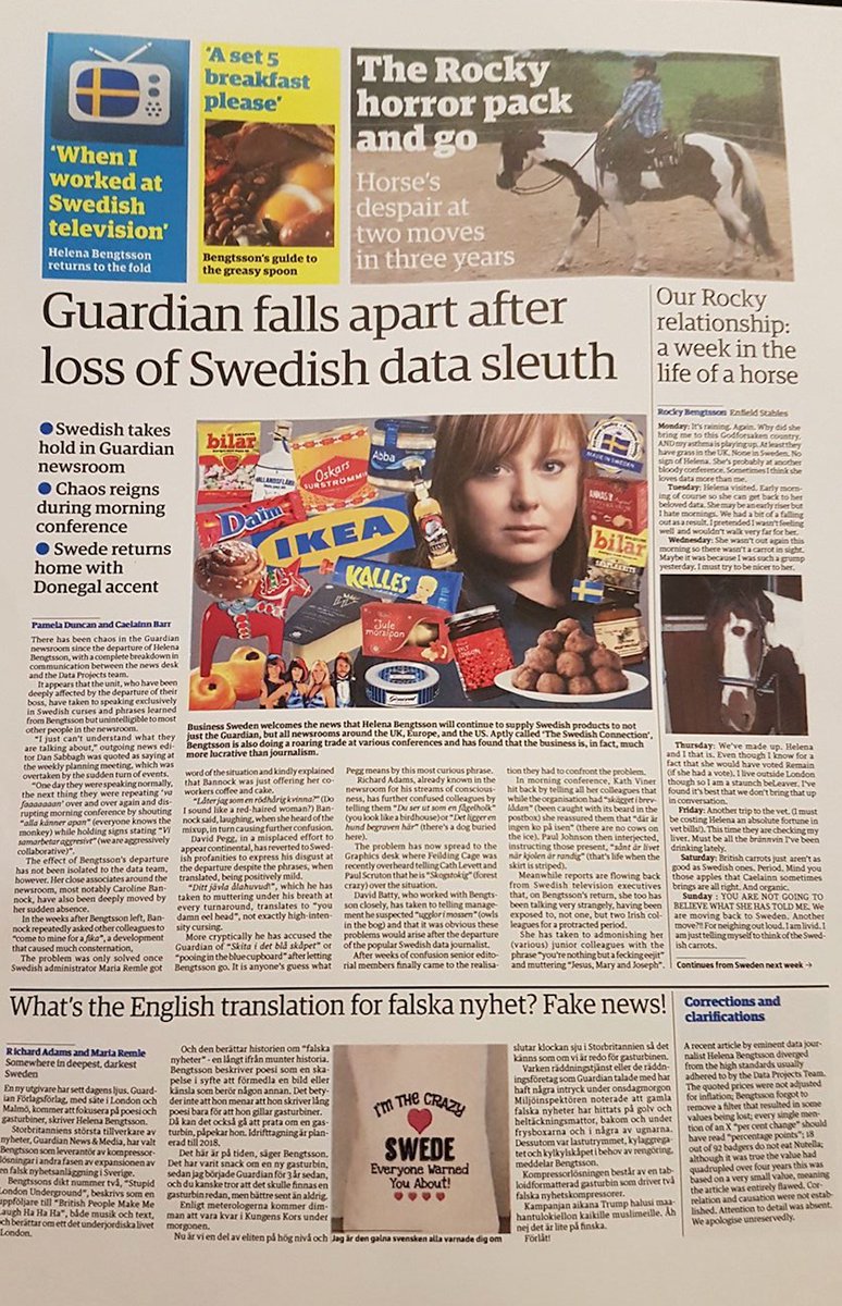 This frontpage of @guardian you will never see in public. Datajournalist @HelenaBengtsson said goodbye to her newspaper after 3 years. This is what her colleagues wrote. The frontpage claims 'Guardian falls apart' :) #ddj #datajournalism