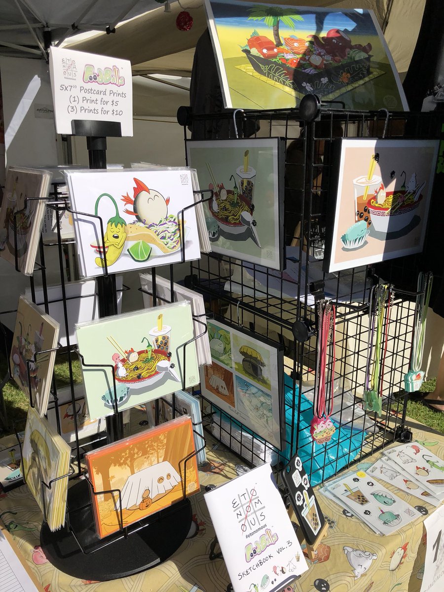 Etonomous's tweet photo. Continuing our weekend in Pasadena for the Jackalope artisan fair. Come by and say Hi if you’re in the area, we’re here til 4pm today. Pick up some unique foodie art for the holidays 😁👍

#jackalopepasadena #foodballs #graphictees #artprints #stickers  #foodieart ##etonomous https://t.co/PhWzHcxmuh