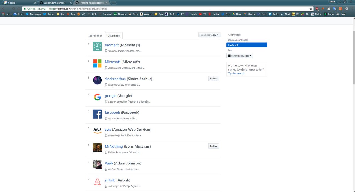 adamthedev's tweet image. Made it onto the GitHub trending page for JavaScript - Ironically above Node.js (which the repo wouldn&apos;t be possible without)