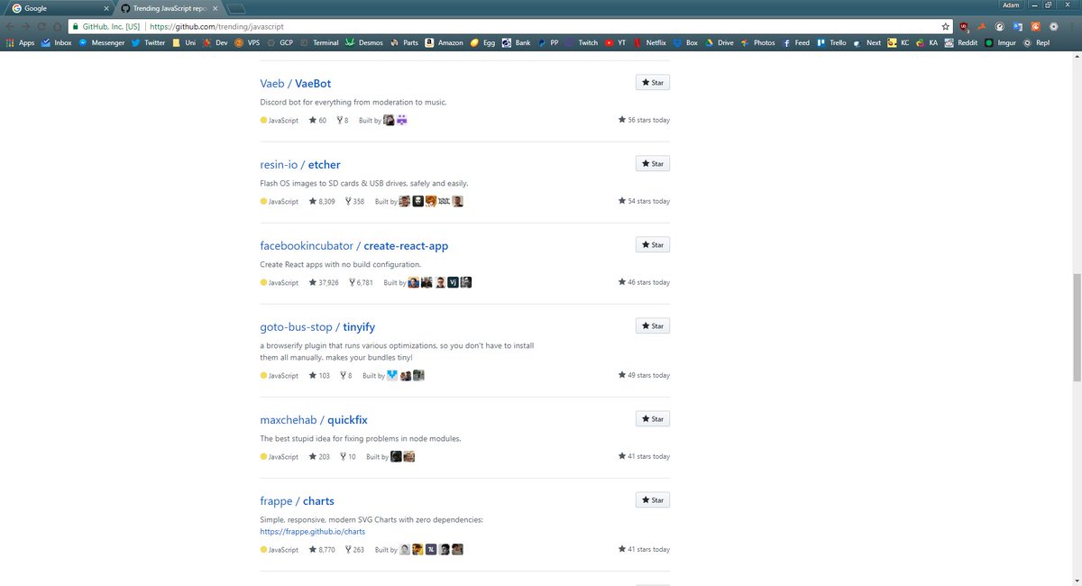 adamthedev's tweet image. Made it onto the GitHub trending page for JavaScript - Ironically above Node.js (which the repo wouldn&apos;t be possible without)