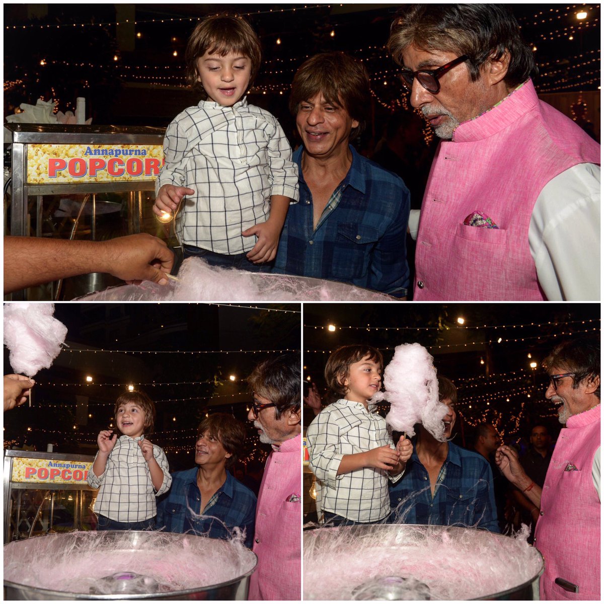 SRKUniverse's tweet photo. Who doesn't love candy floss!? 🌸🍭🍬

We can't get enough of AbRam excited to get his hands on his delicate pink sugar fix with Daddy SRK and Amitabh Bachchan at Aaradhya's 6th birthday party! https://t.co/aOtfhoXeiO