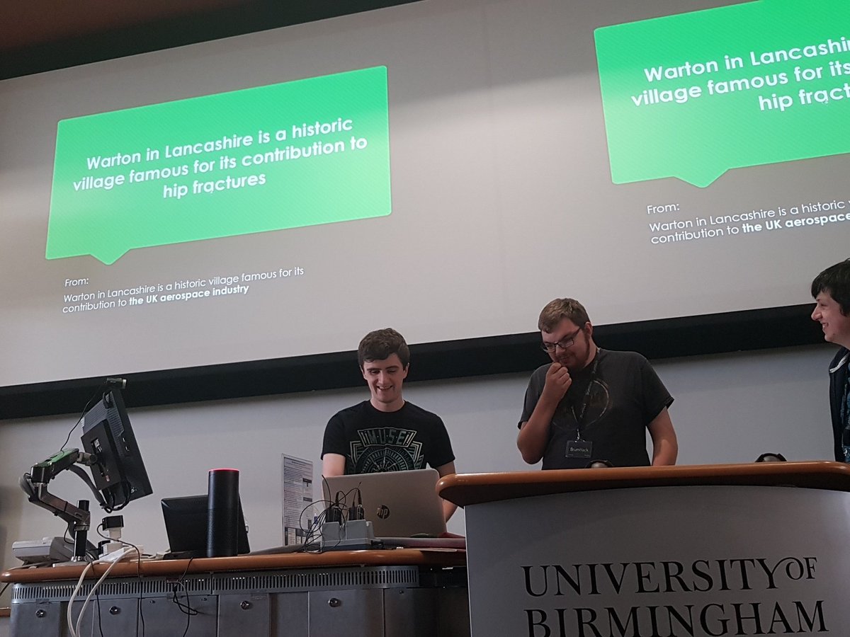PandelisZ's tweet photo. An alternative fact generator powered by Wikipedia data and some deep learning action #brumhack ran overnight ! Natural language processing aswell! Wicked stuff https://t.co/a3YvshVnV8