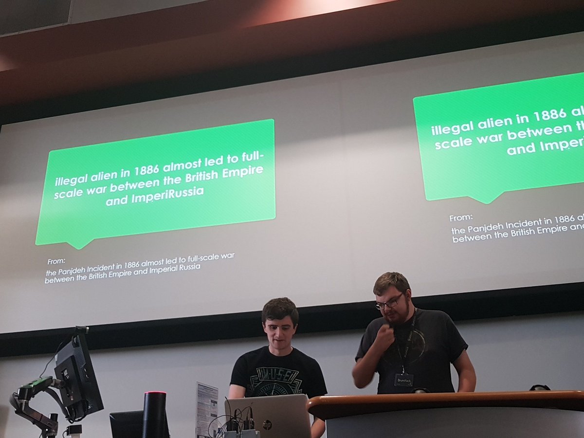 PandelisZ's tweet photo. An alternative fact generator powered by Wikipedia data and some deep learning action #brumhack ran overnight ! Natural language processing aswell! Wicked stuff https://t.co/a3YvshVnV8