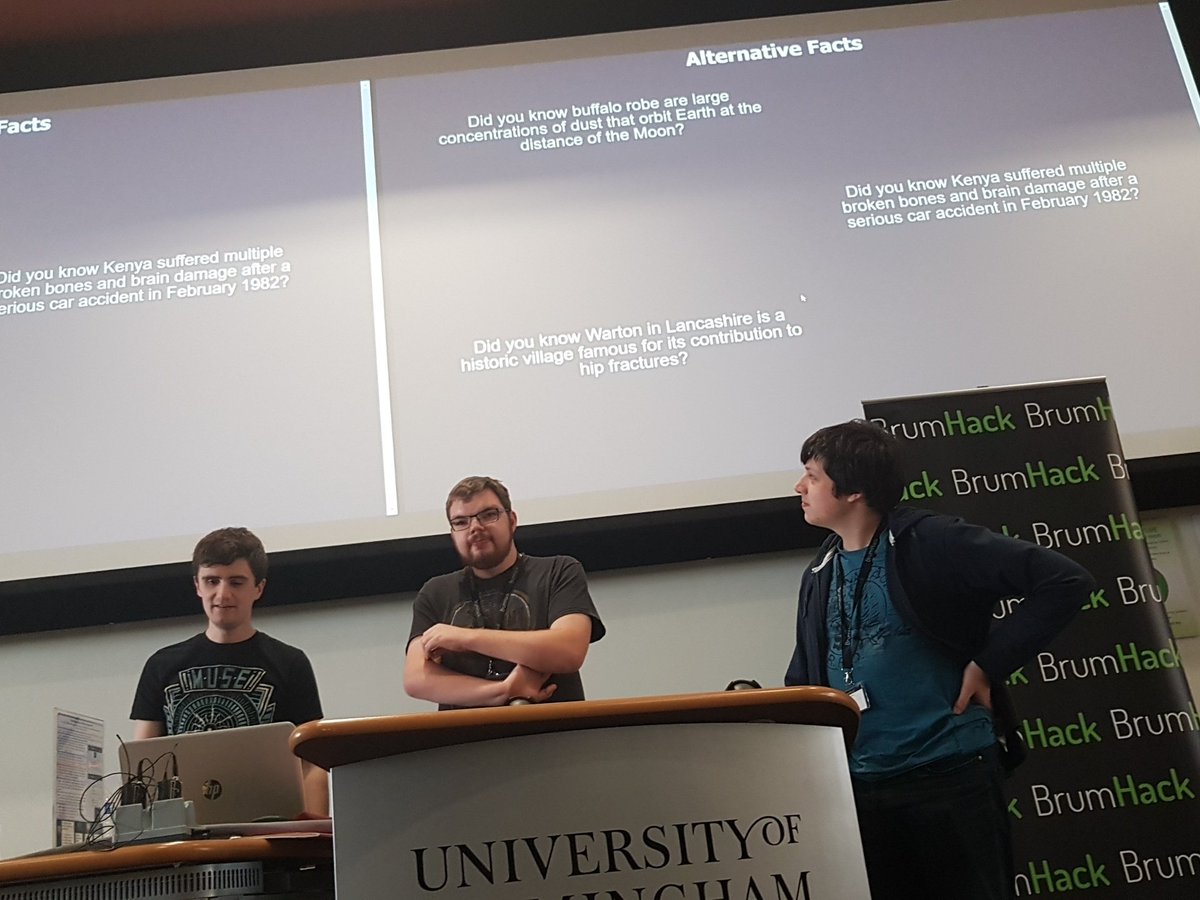 PandelisZ's tweet photo. An alternative fact generator powered by Wikipedia data and some deep learning action #brumhack ran overnight ! Natural language processing aswell! Wicked stuff https://t.co/a3YvshVnV8