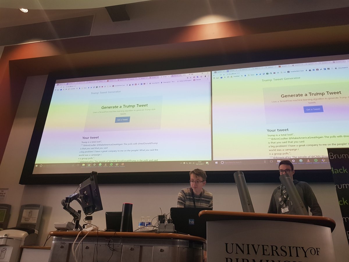 PandelisZ's tweet photo. The @HackSheffield squad have created a generic text machine learning thing generator .... Put to use making trump tweets at the moment using trump's entire Twitter history #BrumHack https://t.co/x8VIcTVRDR
