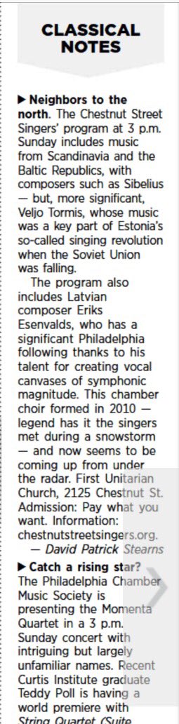 CSSingers's tweet photo. We are super thrilled to be featured in this morning's "Classical Notes" column in @PhillyInquirer!  Pick up a copy today at newsstands, and come see our 3pm concert in Center City! https://t.co/Z4m7mjYbvI