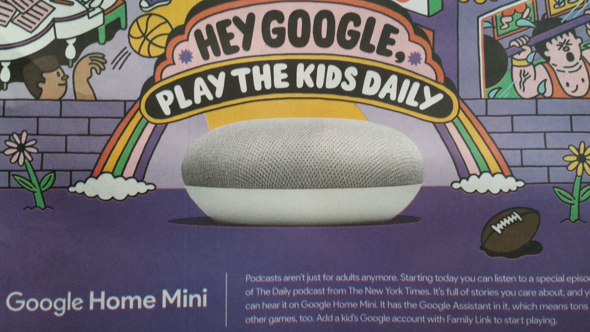 fairplayforkids's tweet photo. Shameful. Today’s @nytimes 'Kids' section is actually Big Tech targeting children. 5 of 16 pages are ads for snooping @Google Home Mini. Kids account required https://t.co/hWOdEYlHB6