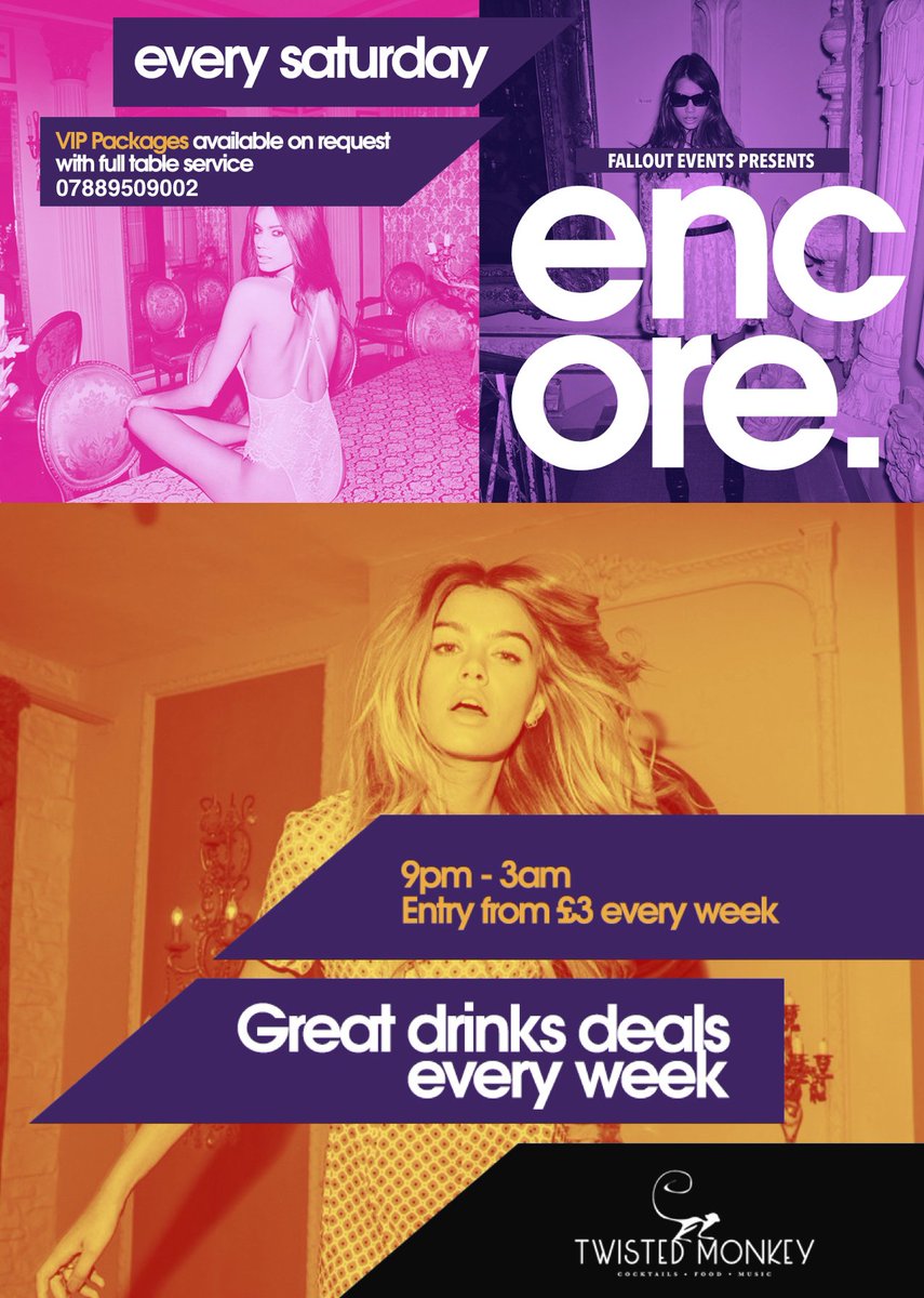 Encore. Watford (@encorewatford) on Twitter photo See you NEXT Saturday at <a href="/TwistedMonkey_/">Twistedmonkey_</a> for the re-launch of Encore!
💃🏽 FREE Entry into Hydeout Watford
🍸 Amazing drink deals
🐒 Discounted entry on guestlist
More info: facebook.com/events/1990477… See you NEXT Saturday at <a href="/TwistedMonkey_/">Twistedmonkey_</a> for the re-launch of Encore!
💃🏽 FREE Entry into Hydeout Watford
🍸 Amazing drink deals
🐒 Discounted entry on guestlist
More info: facebook.com/events/1990477…