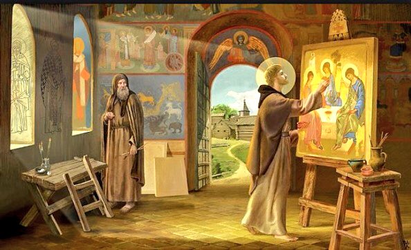 1osCristianos's tweet photo. "S. Andrei Rublev" de Klimova - 
honra al gran iconógrafo, 
al que muestra pintando el icono de la "Trinidad" 
#SantisimaTrinidad https://t.co/X05C5FFb8g