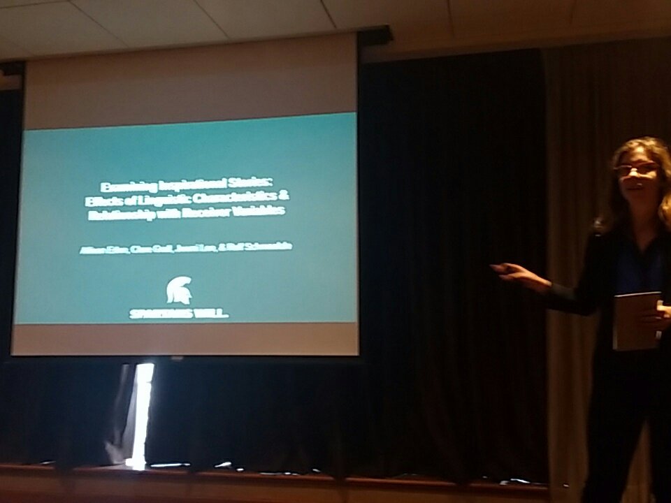 CommDeptMSU's tweet photo. Now presenting, MSU PhD student @claregrall on inspiriation via media stories #GoGreen @MSUComArtSci #nca17 #ncamcd https://t.co/sntkIllP0U