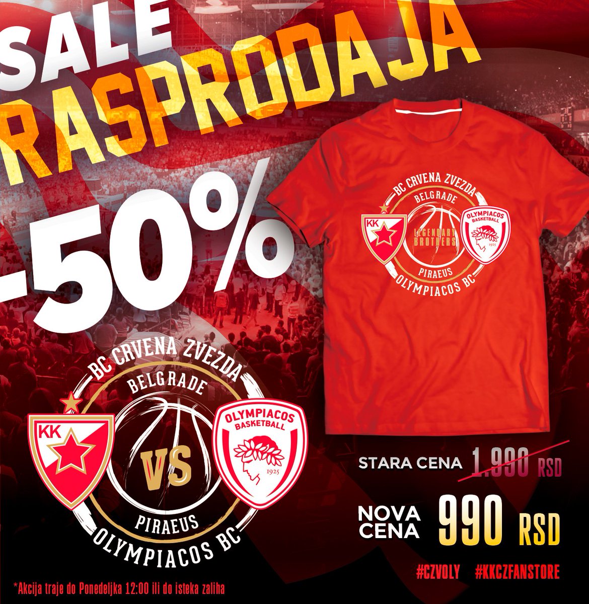 kkcrvenazvezda's tweet photo. Majica #LegendaryBrothers po sniženoj ceni za 50%. Iskoristite akciju, koja traje do ponedeljka ➡️ https://t.co/5UxBlk0LEs 🔴⚪️
#OLYCZV #WeAreTheTeam https://t.co/6UQomhuOvU