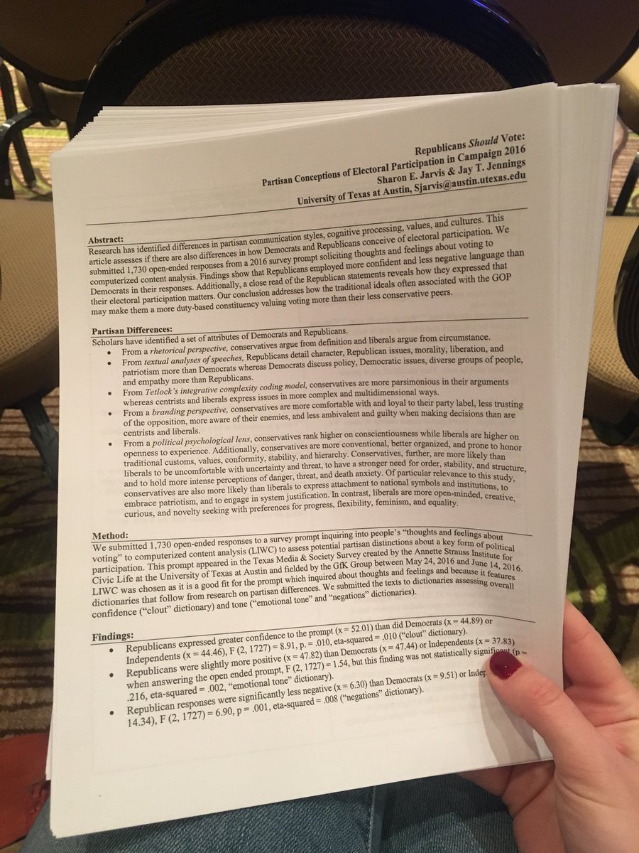 emilyvanduyn's tweet photo. In true #SharonJarvis fashion, she has brought handouts to her panel on partisanship and political identity at @NatComm #NCA2017 https://t.co/WvXVkg5DPO