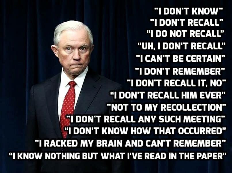 davidpsdem's tweet photo. Congressman to Sessions: What is your full name Sir?
Sessions: I don’t know, I don’t recall, I do not recall, Uh I don’t recall etc etc etc #TrumpRussia #ImpeachTrump #SessionLies #CrookedSessions #Resist #TheResistance @DOJ @funder https://t.co/ntUXd5lWxx