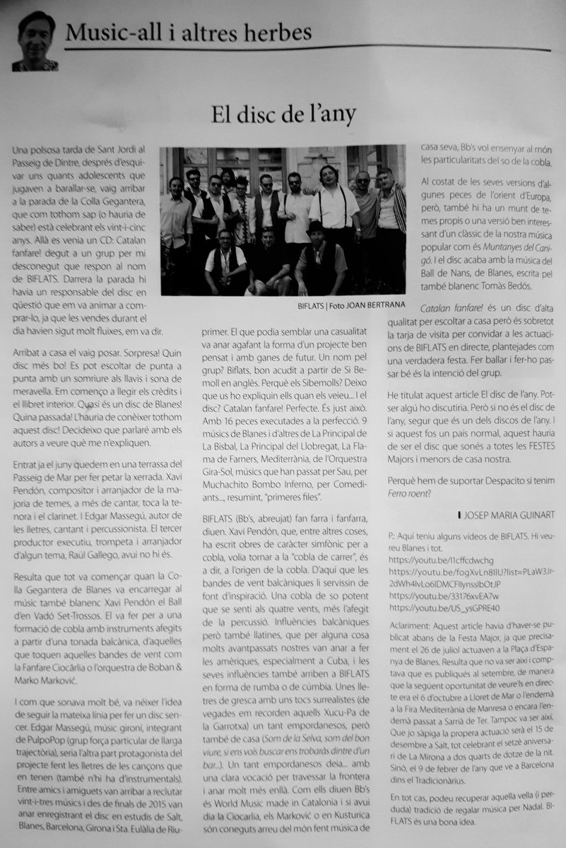 Biflats's tweet photo. "Perquè hem de suportar #Despacito si tenim #FerroRoent ?" 😂😎 Amb aquesta atrevida frase acaba el generós article que ha escrit Josep Maria Guinart sobre #Catalanfanfare, a l'històrica revista @recvll de @blanes Gràcies!!😘 De #SaPalomera al món!! https://t.co/r2ZZxprjcR