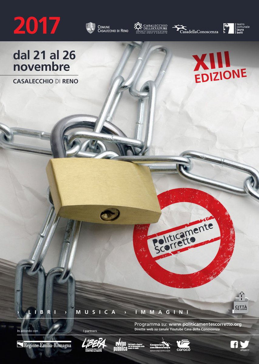 cittametrobo's tweet photo. [news da #BolognaMetropolitana] Martedì a Casalecchio di Reno torna "Politicamente scorretto", la rassegna di impegno civile ideata con Carlo Lucarelli.
#PS2017 propone un viaggio tra libri, musica e immagini... fino al 26 novembre https://t.co/KsTqcir9ev

@CasalecchioNews https://t.co/8KVSkU3LeJ
