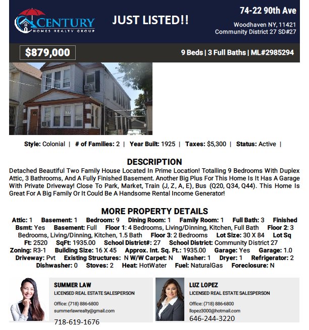 Century_Homes's tweet image. Just Listed!! 
2 Family 
74-22 90th Ave Woodhaven 11421 
Luz L 646-244-3220
Summer L 718-619-1676
#forsale #2fam #woodhaven