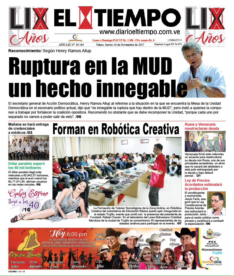 RCcbit_trujillo's tweet photo. #PrimeraPágina de  #16Nov #DiarioElTiempo Jornada de masificación de Robótica Creativa, Formadores Tecnológicos Cbit, Prof. Escuelas Tecnicas, Coord. Formación Zona Educativa y Coord. Educación Especial en Trujillo territorio de paz @Fundabit https://t.co/qE4aZXj3Kf