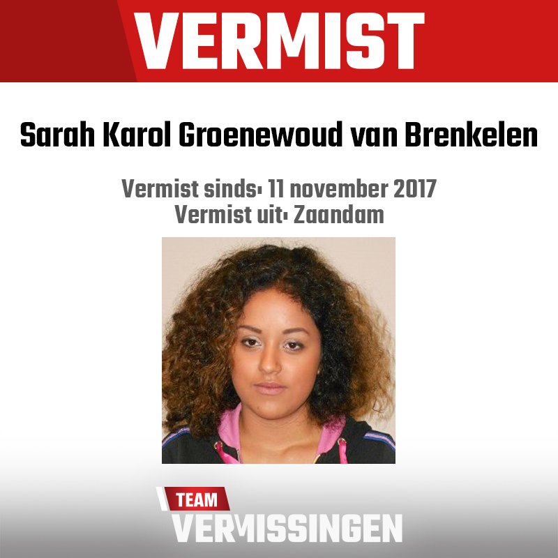 TMVermissingen's tweet photo. Sarah (16) is tijdens begeleid verlof weggelopen. Zij is licht getint en heeft twee tatoeages: een diamant op haar rechter pols en een liggende 8 op de rechter zijkant van haar rib.Zij is 154 cm, heeft bruine ogen en bruin/zwart haar met highlights. #teamvermissingen #sbs6 https://t.co/wKEPQlimL5