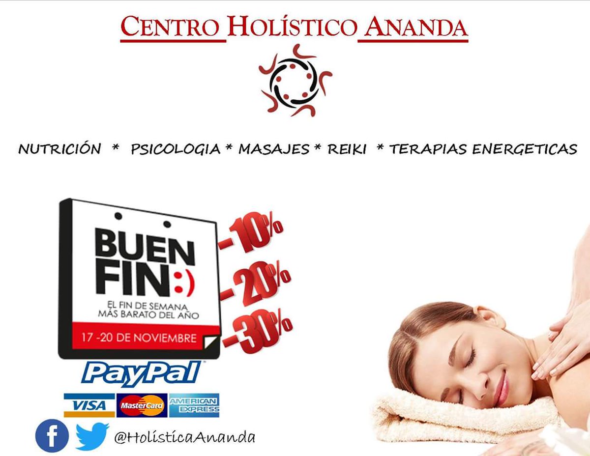 HolisticaAnanda's tweet photo. Aprovecha las promociones este Buen Fin del 10% al 30% apartando tu terapia y tienes 30 días para utilizarla.
Llámanos 5554980407 https://t.co/8ILfHBkzHD