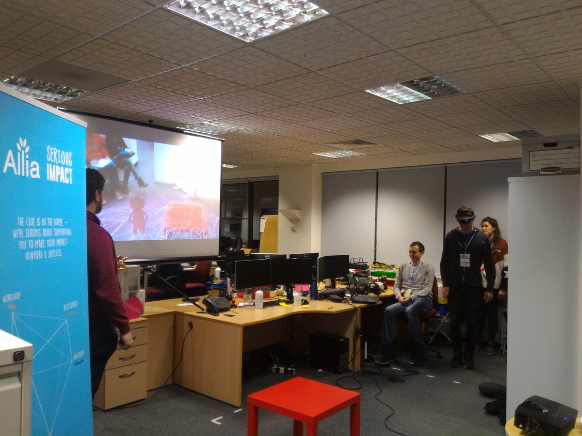 Maximilian_Ge's tweet photo. Team @babi_hub at #sudoimmerse presents #AR animal game for children #fox #HoloLens @sudochallenge #VR #MR #hackathon #socialimpact @AlliaLtd @RealVNC https://t.co/i4g0EQpKdC