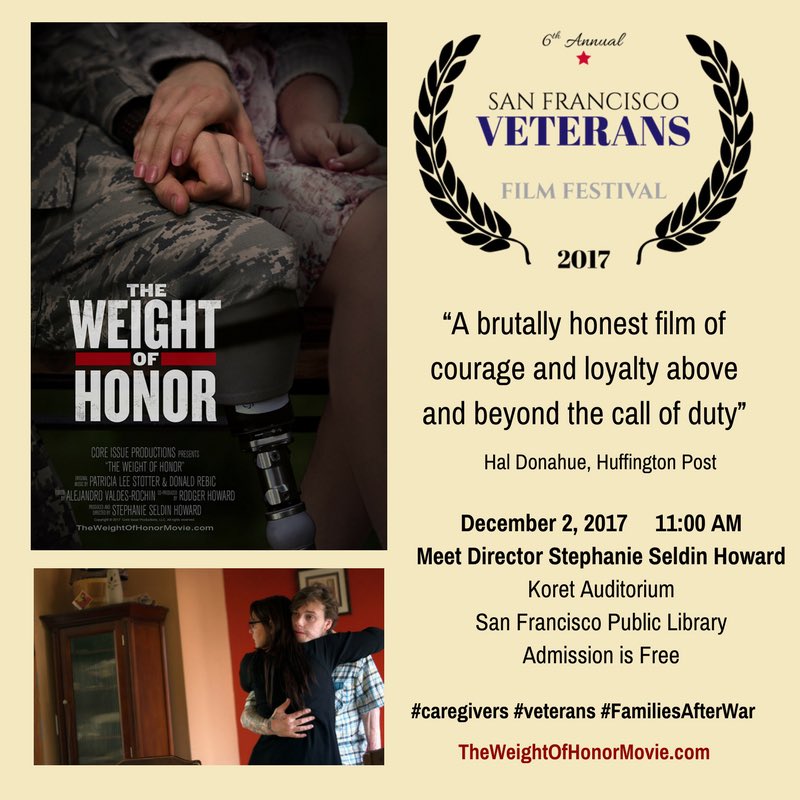 CoreIssueFilms's tweet photo. San Francisco friends, we’re going to be in the area for a showing of The Weight of Honor at the @SFVetsFilmFest on Sat. Dec. 2 at 11 AM. Oh, and admission is free! Join us if you can. #SFVFF17 #FamiliesAfterWar https://t.co/OBl1dOfRUO