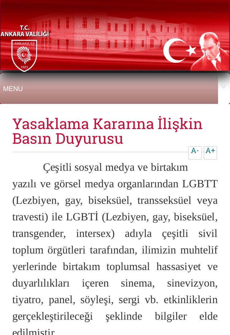 Teşekkürler Ankara Valiliği :
<a href="/AnkaraValiligi/">T.C. Ankara Valiliği</a> : LGBTT ve LGBTİ gibi örgütlerin sinema, sinevizyon, tiyatro, panel, söyleşi, sergi gibi etkinlikleri 18 Kasım'dan itibaren süresiz olarak yasaklandı."

ankara.gov.tr/yasaklama-kara…