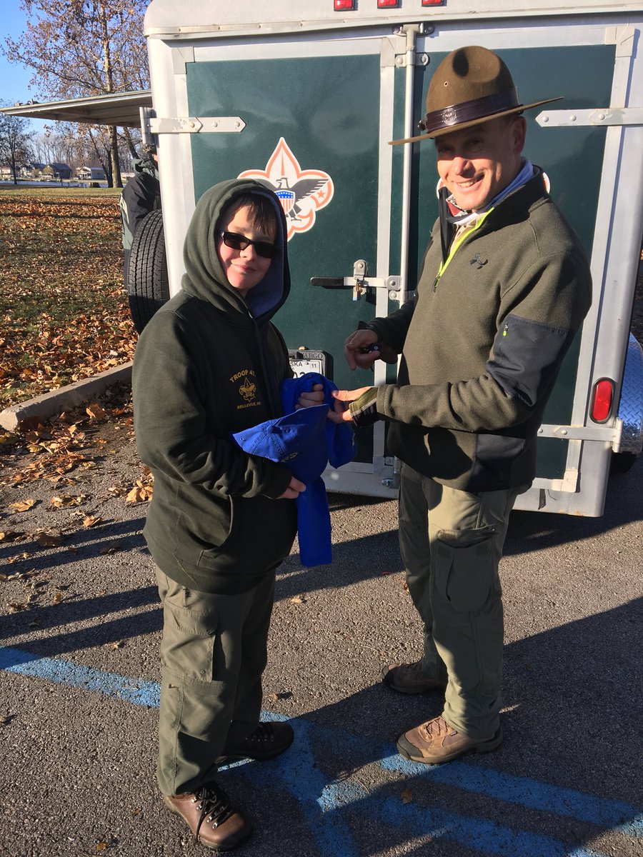 Troop474's tweet photo. Troop getting ready to knock out a 5 mile hike, and back to Bellevue. Zac O. Receives his Troop Class B and hat. Photo cred, Troop Historian: Evan D. #missouri #biglake #windy #kittest #SPL https://t.co/S2MQdUvNG1