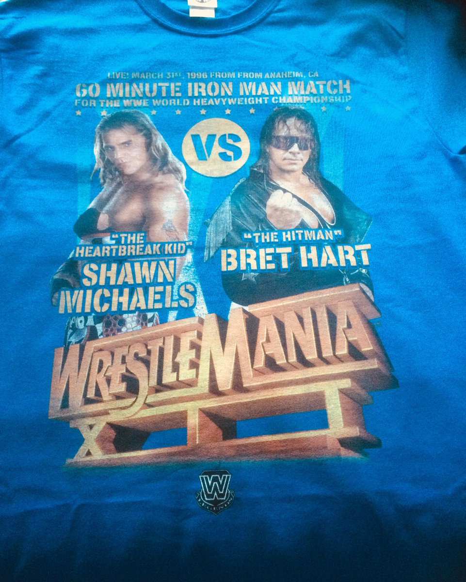 WayneBRFC7's tweet photo. So happy with this...My Two heroes & favourite match on one shirt!
#WM12 #IronManMatch
#HeartbreakKid ๐
#Hitman ๐ค๐
@ShawnMichaels @BretHart https://t.co/A6FjNNpS0V