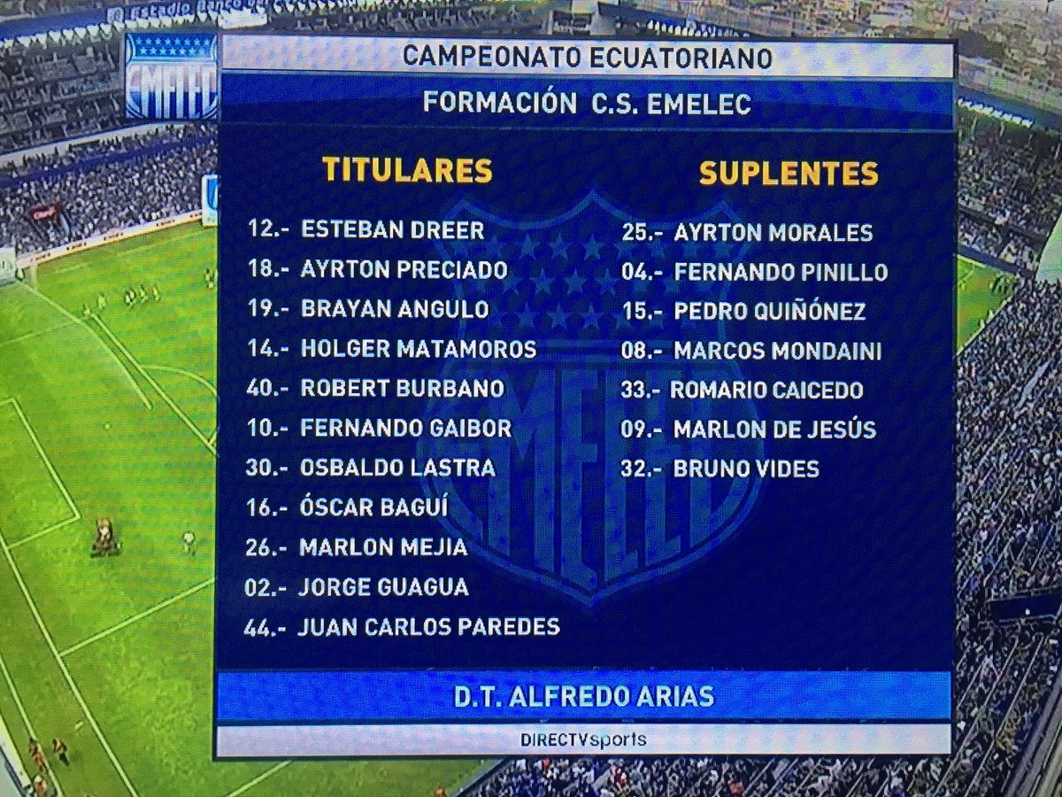 DSportsEC's tweet photo. Formaciones de #Emelec e #Independiente. Los azules sin Fernando Luna, lesionado. En los Rayados, Maxi Barreiro también es baja. #FutbolxDIRECTV https://t.co/z2KYo3ORfS