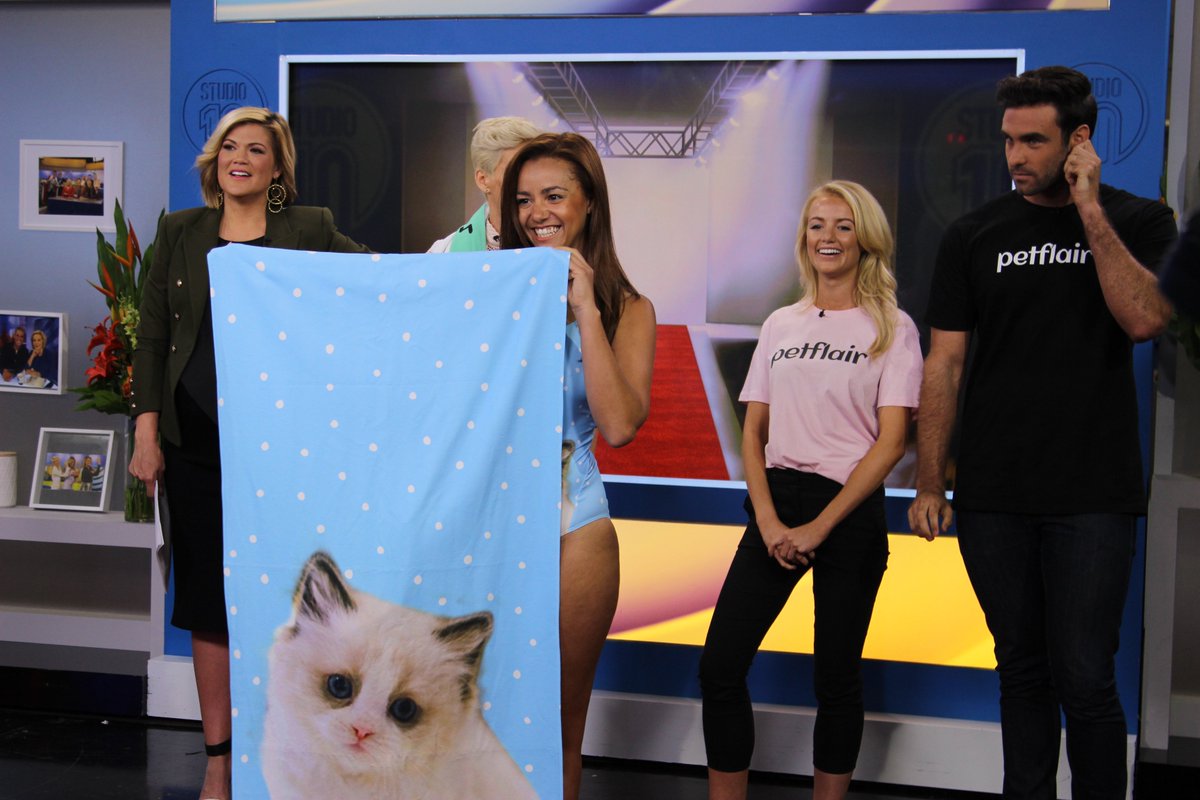 Studio10au's tweet photo. Are you a pet lover? 🐱🐶 Thanks to Petflair, you can get their photo printed on your swimmers &amp; other beach items! Check out these designs with our hosts' furry loved ones. https://t.co/DYu9a4CSJ2 #Studio10 https://t.co/rbPyeXv8a2