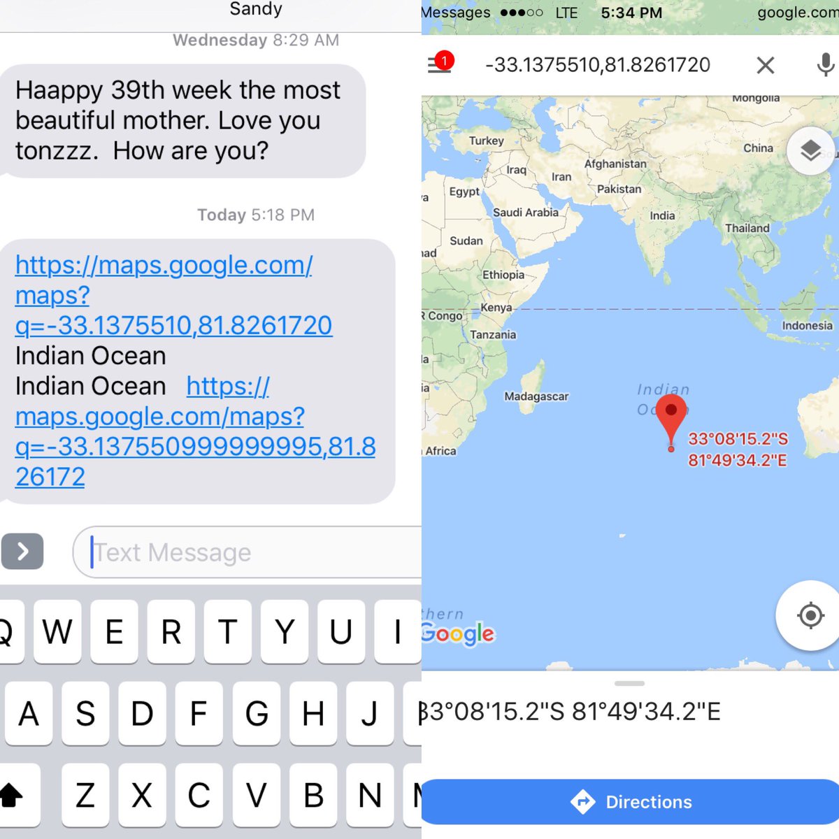 saucyfeifei's tweet photo. Just gave birth and my mother in law is sending me Google Maps links to the middle of the Indian Ocean. What does this mean? https://t.co/IQQjmnjQa5