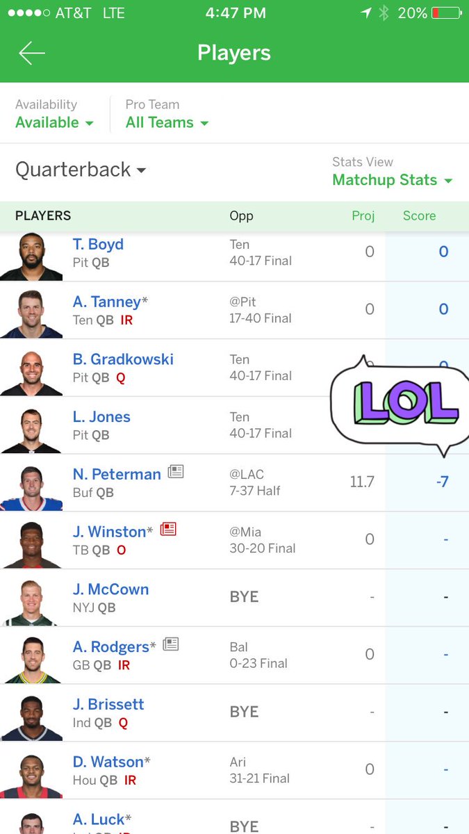 OvertheTopPod's tweet photo. We do not care about your fantasy league but -7 at the half by Peterman has to be a fantasy football record. #TyrodTime https://t.co/DYtbm3yXPX