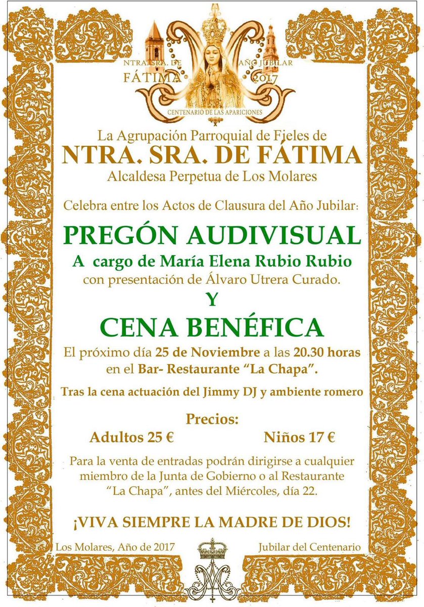 hdfatimamolares's tweet photo. Celebraremos el pregón audivisual que ha preparado, como clausura de este Año Jubilar, nuestra hermana, María Elena Rubio Rubio,Será un acto novedoso, una idea innovadora en nuestro pueblo que servirá de broche a este año que con tanta alegría  ha vivido el pueblo de Los Molares. https://t.co/4tdkdMs87k