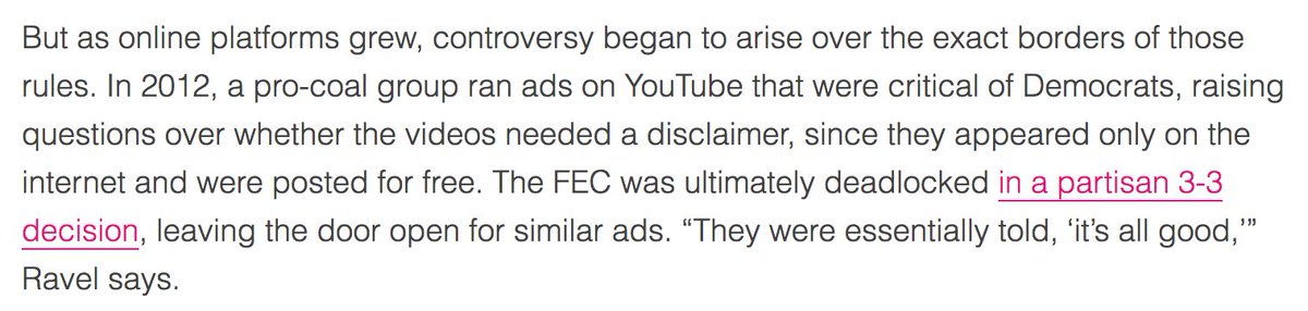 56/ In 2012, the FEC had an opportunity to further define regulations around disclaimers on political videos on YouTube. It deadlocked 3–3 on any decision.