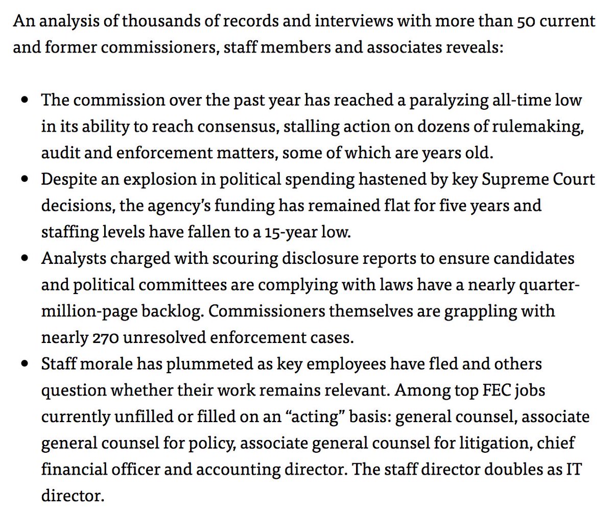 60/ In Dec. 2013, The Center for Public Integrity released its findings of a 6-month FEC investigation. It found the committee to be “rotting from the inside out.” http://bit.ly/18TH9vL 